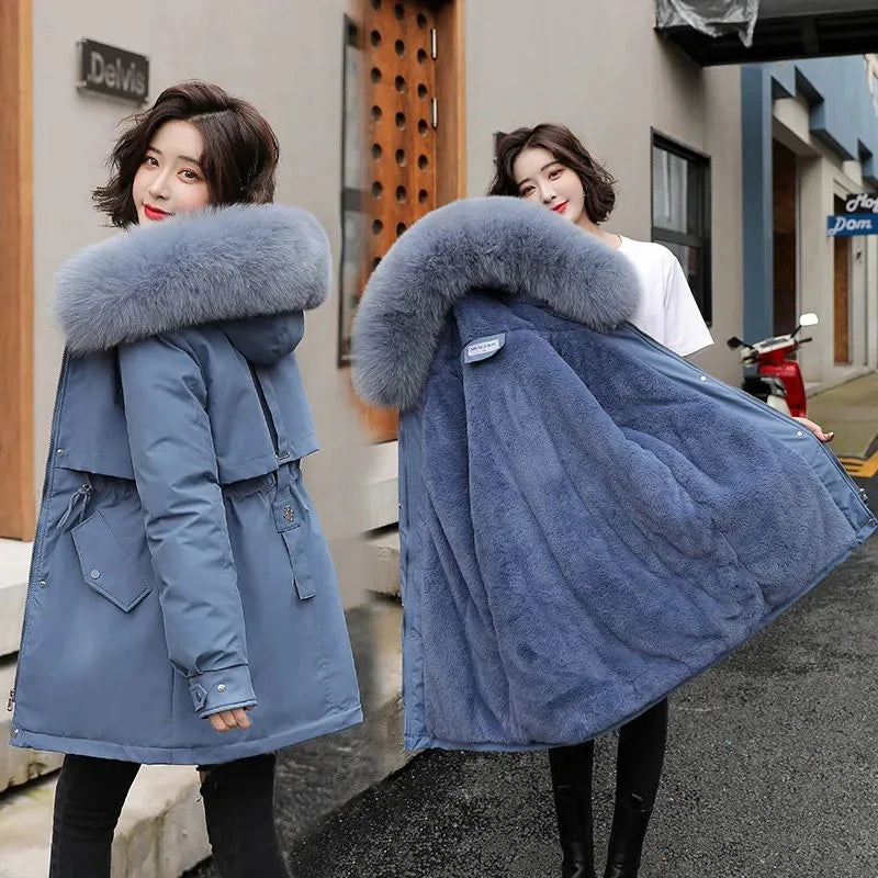 Winter Women Warm Parka New 2026 Fashion Long Coat Wool Liner Hooded Parkas Slim Fur Collar Jacket Warm Snow Wear Padded Clothes