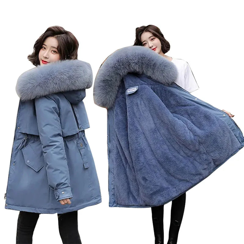 Winter Women Warm Parka New 2026 Fashion Long Coat Wool Liner Hooded Parkas Slim Fur Collar Jacket Warm Snow Wear Padded Clothes