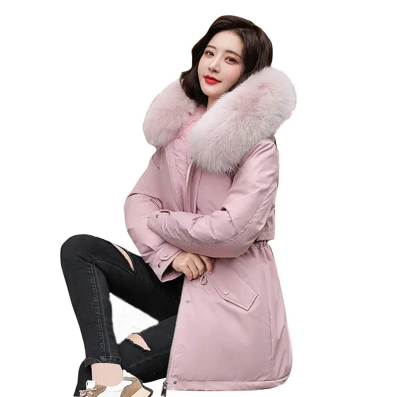 Winter Women Warm Parka New 2026 Fashion Long Coat Wool Liner Hooded Parkas Slim Fur Collar Jacket Warm Snow Wear Padded Clothes
