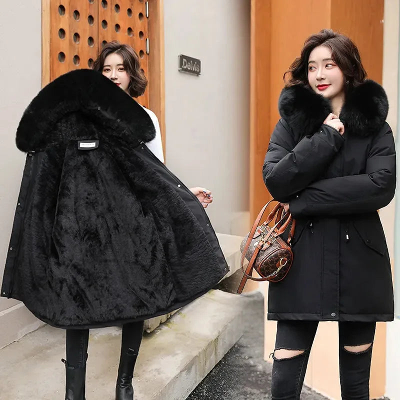 Winter Women Warm Parka New 2026 Fashion Long Coat Wool Liner Hooded Parkas Slim Fur Collar Jacket Warm Snow Wear Padded Clothes