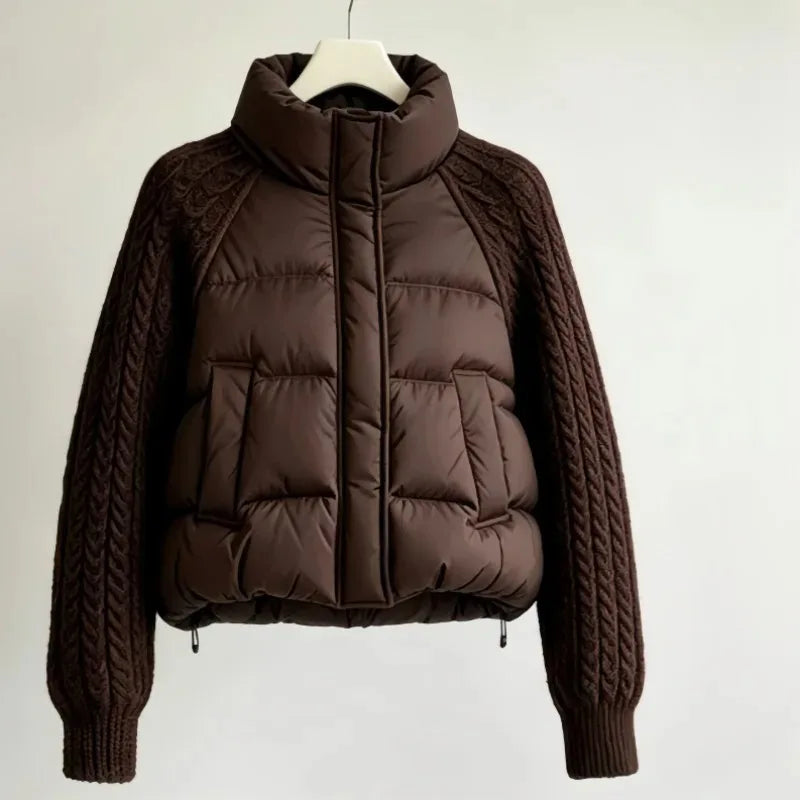 Winter Fashion Versatile Warm Coat Women Down Cotton Parkas Jacket Cable Knit Sleeve Spliced Stand Collar Thick Warm Short Coat