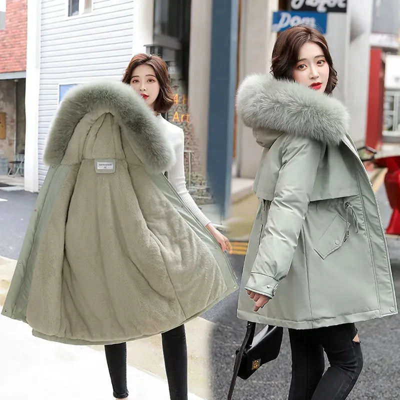 Winter Women Warm Parka New 2026 Fashion Long Coat Wool Liner Hooded Parkas Slim Fur Collar Jacket Warm Snow Wear Padded Clothes